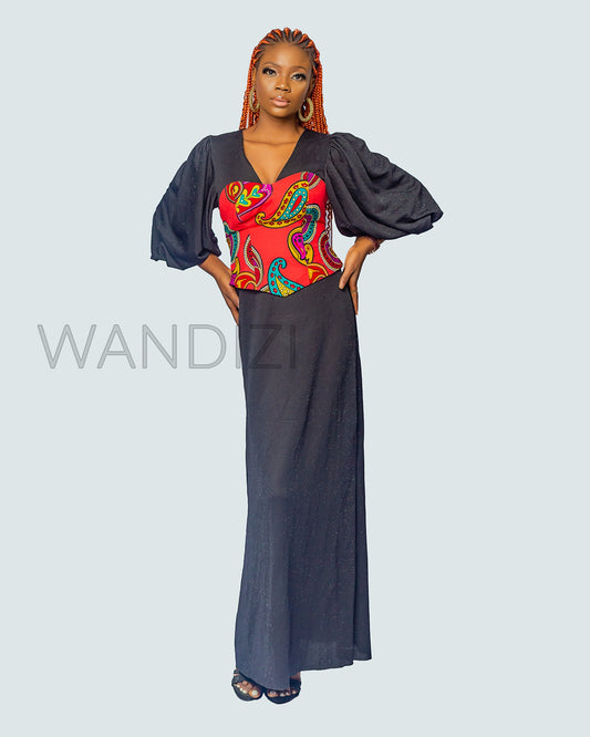 Black Puff Sleeve Dress with Ankara Bustier, African Print Maxi Dress, Ankara Long Dress