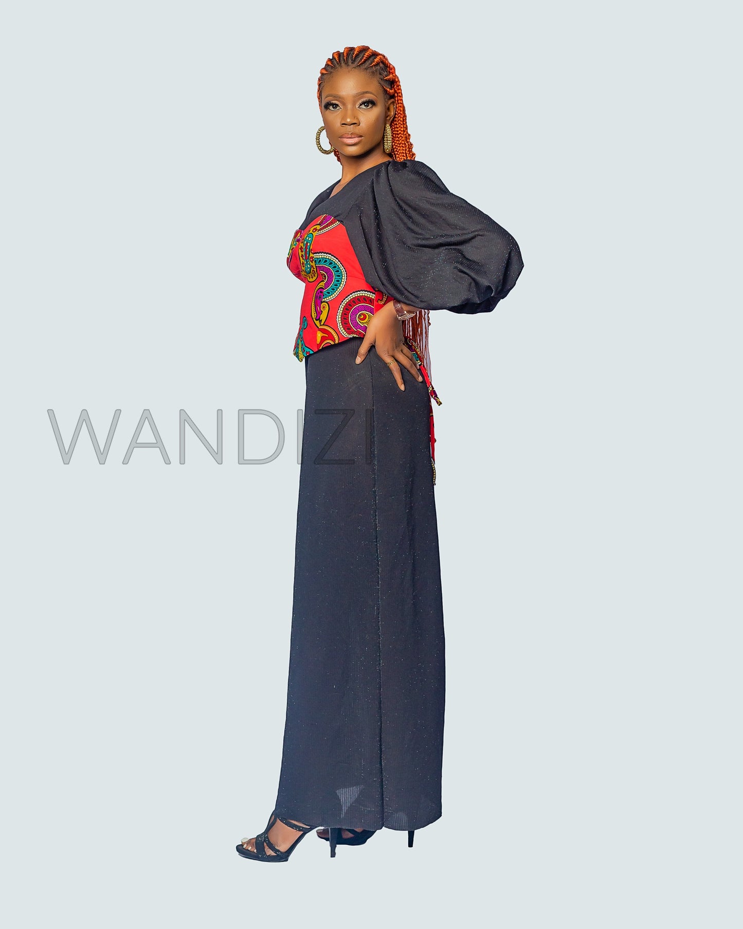 Black Puff Sleeve Dress with Ankara Bustier, African Print Maxi Dress, Ankara Long Dress