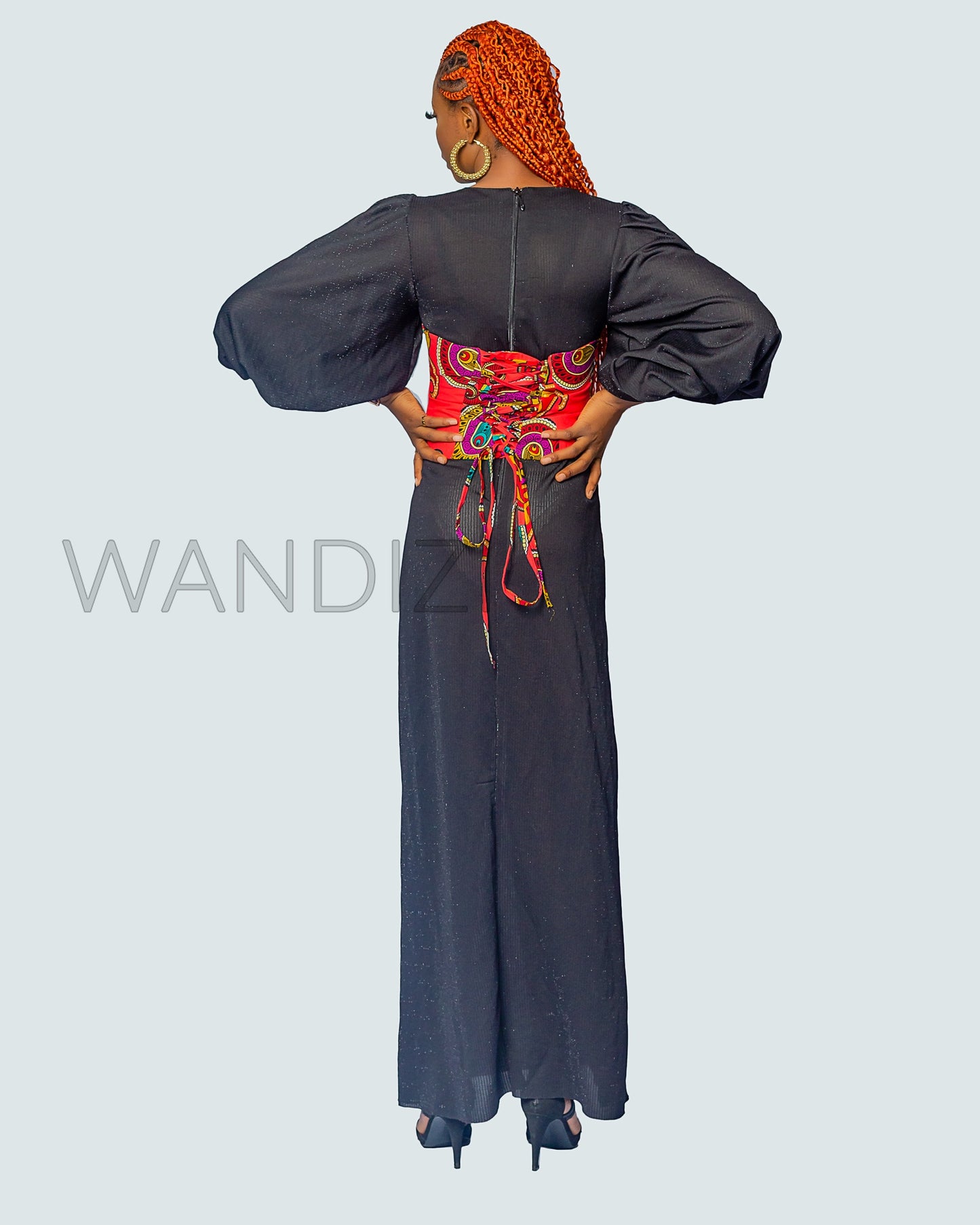 Black Puff Sleeve Dress with Ankara Bustier, African Print Maxi Dress, Ankara Long Dress