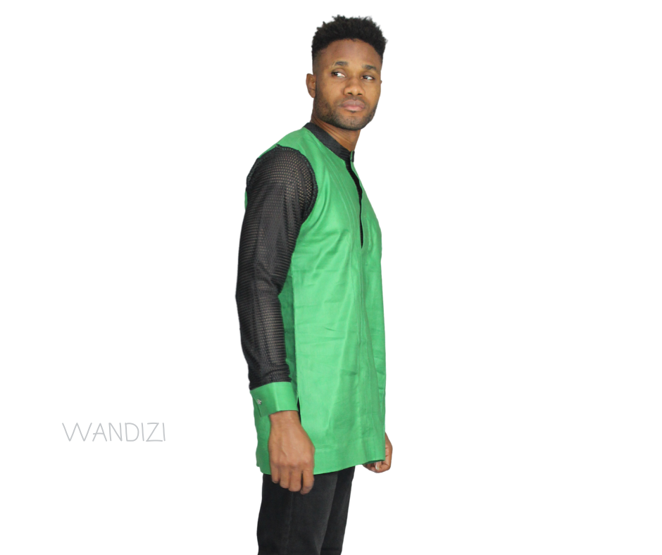 Green Long Sleeve Linen Shirt with Net Sleeves, Linen Shirt, Mens Clothing, Mens Wear, Mens Shirt