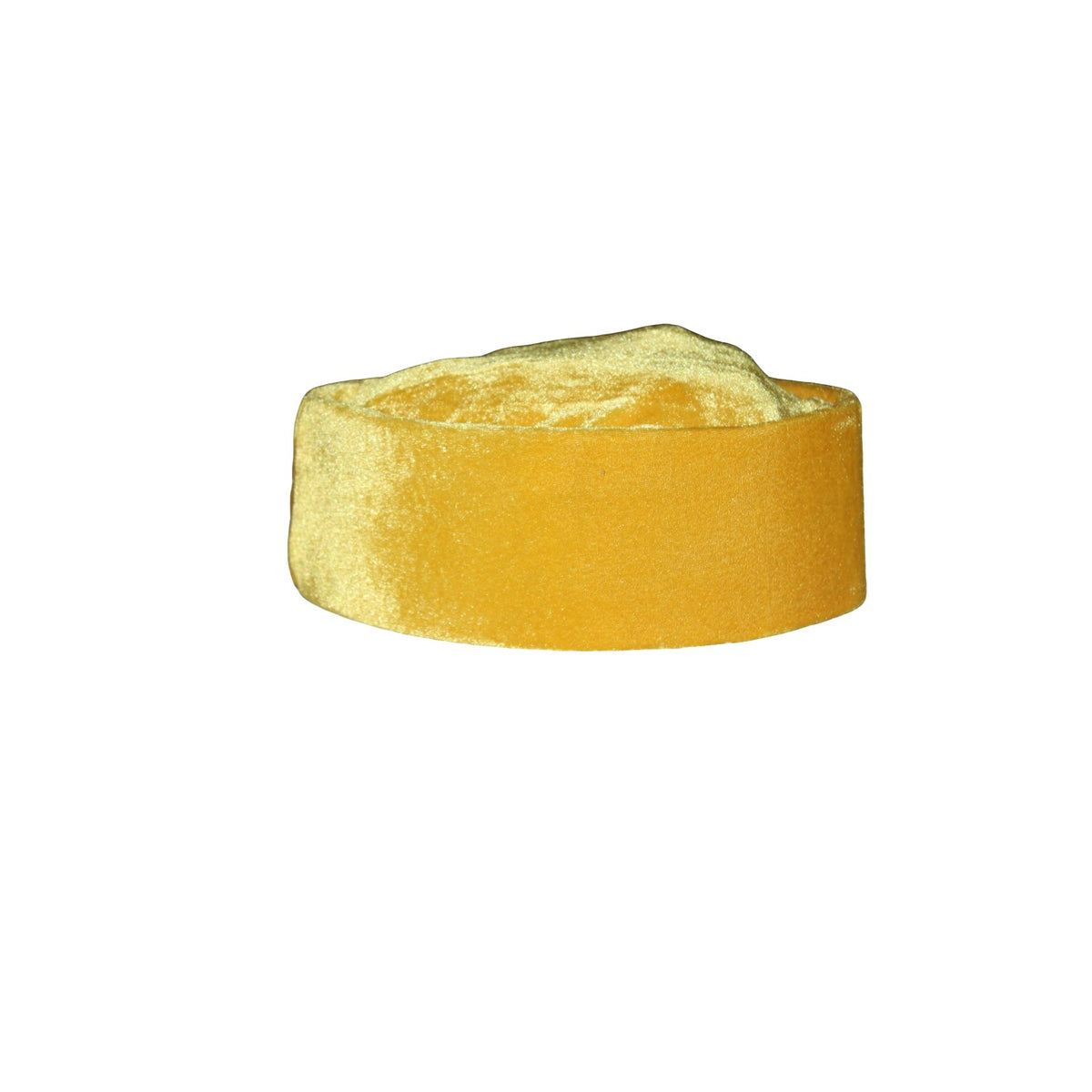 Ado Kufi Hat featuring a vibrant saffron yellow color, an elegant V-shaped crown, and a plush velvet texture