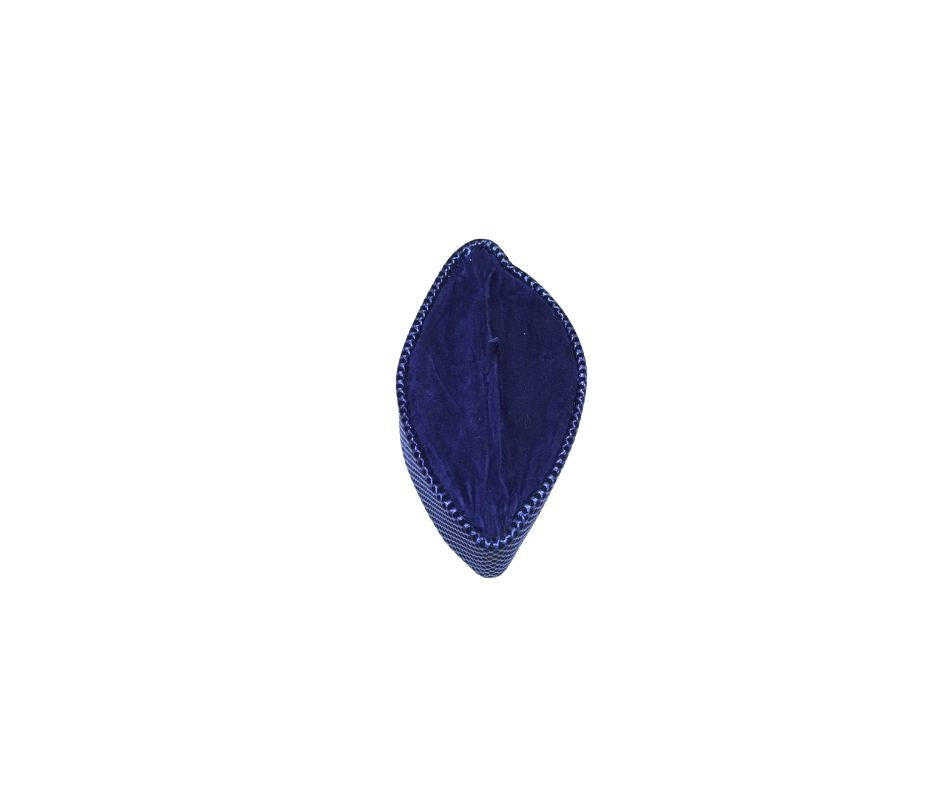 Kufi Hat featuring a dark velvet interior and a striking metallic cobalt blue crisscross weave pattern across the structured exterior.