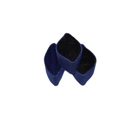 Kufi Hat featuring a dark velvet interior and a striking metallic cobalt blue crisscross weave pattern across the structured exterior.