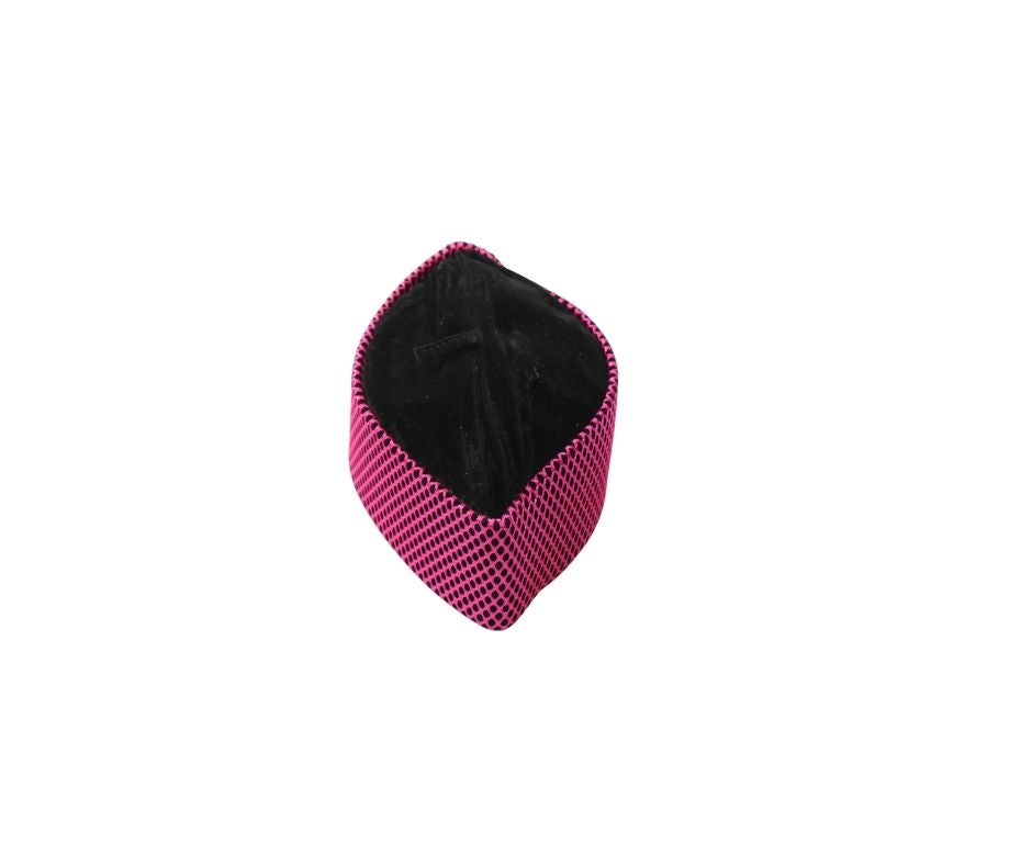 Kufi Hat featuring a vibrant red and black micro-grid crisscross pattern across a structured oval crown and base.