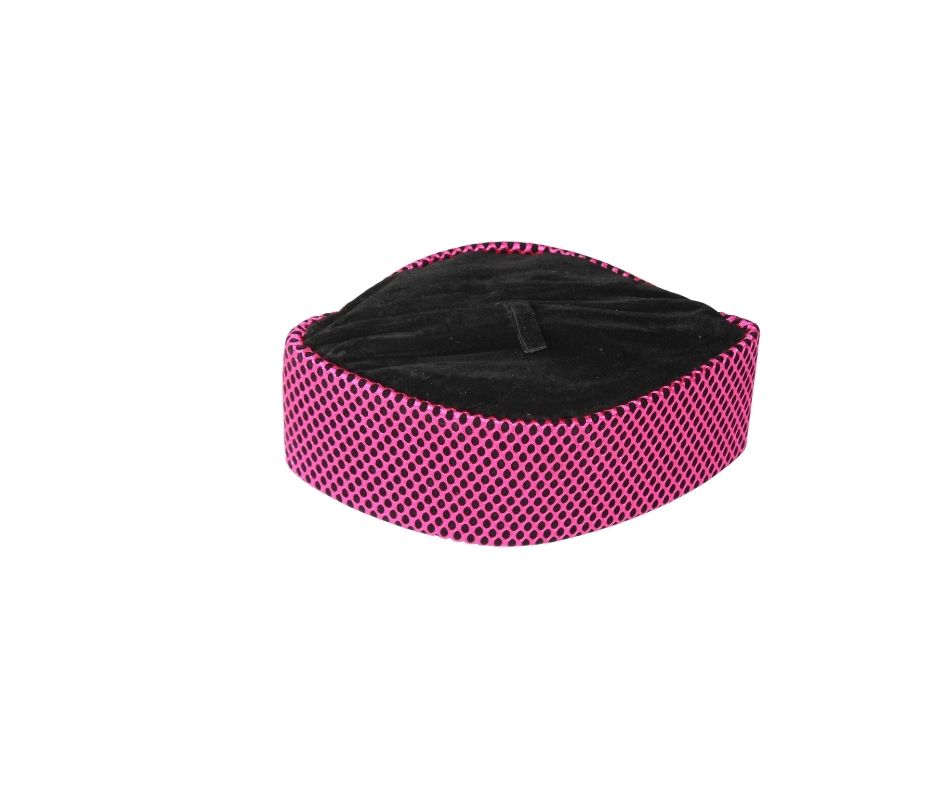 Kufi Hat featuring a vibrant red and black micro-grid crisscross pattern across a structured oval crown and base.