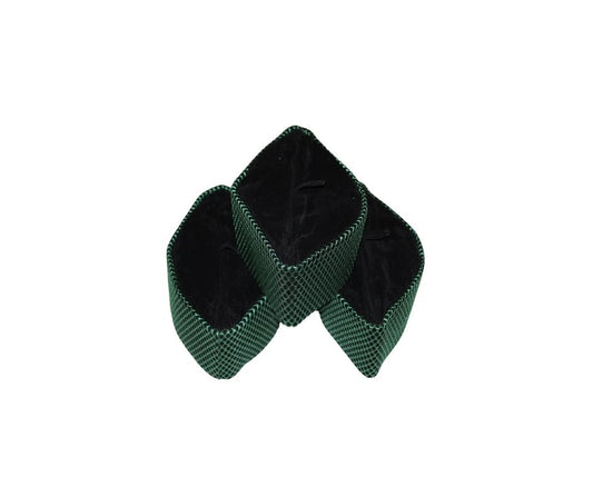 Kufi Hat featuring a dark velvet interior and a striking emerald green metallic crisscross weave across the entire exterior.