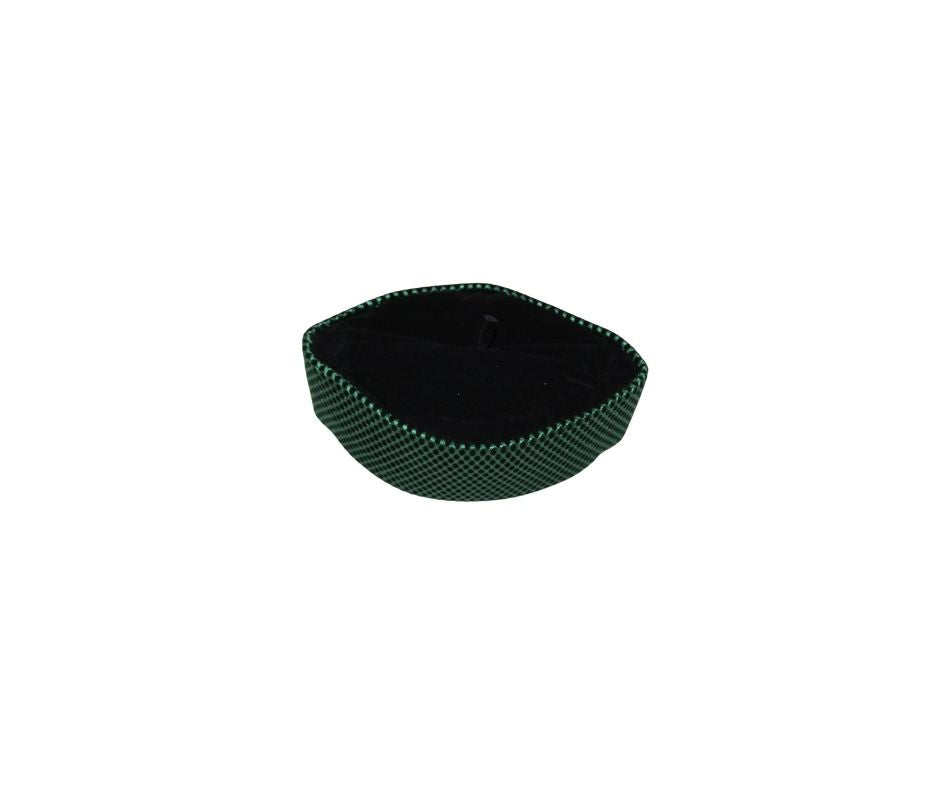 Kufi Hat featuring a dark velvet interior and a striking emerald green metallic crisscross weave across the entire exterior.