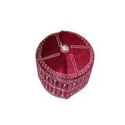 Ado Kufi Hat featuring a deep garnet red body with white circular and linear embroidered patterns