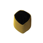 Kufi Hat featuring a dark black velvet interior and a striking metallic gold crisscross weave pattern across the structured exterior.