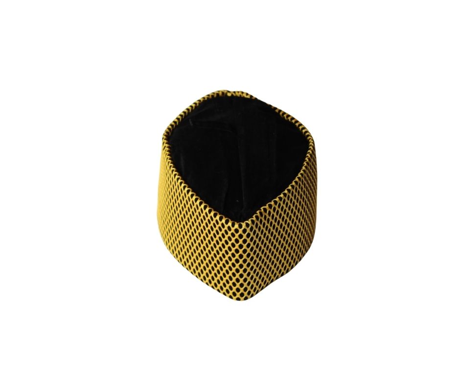 Kufi Hat featuring a dark black velvet interior and a striking metallic gold crisscross weave pattern across the structured exterior.