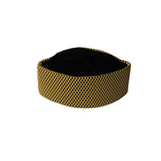 Kufi Hat featuring a dark black velvet interior and a striking metallic gold crisscross weave pattern across the structured exterior.