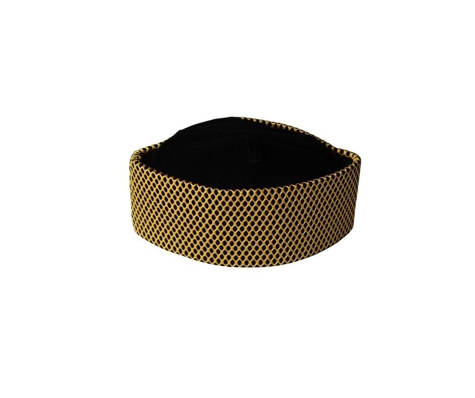 Kufi Hat featuring a dark black velvet interior and a striking metallic gold crisscross weave pattern across the structured exterior.