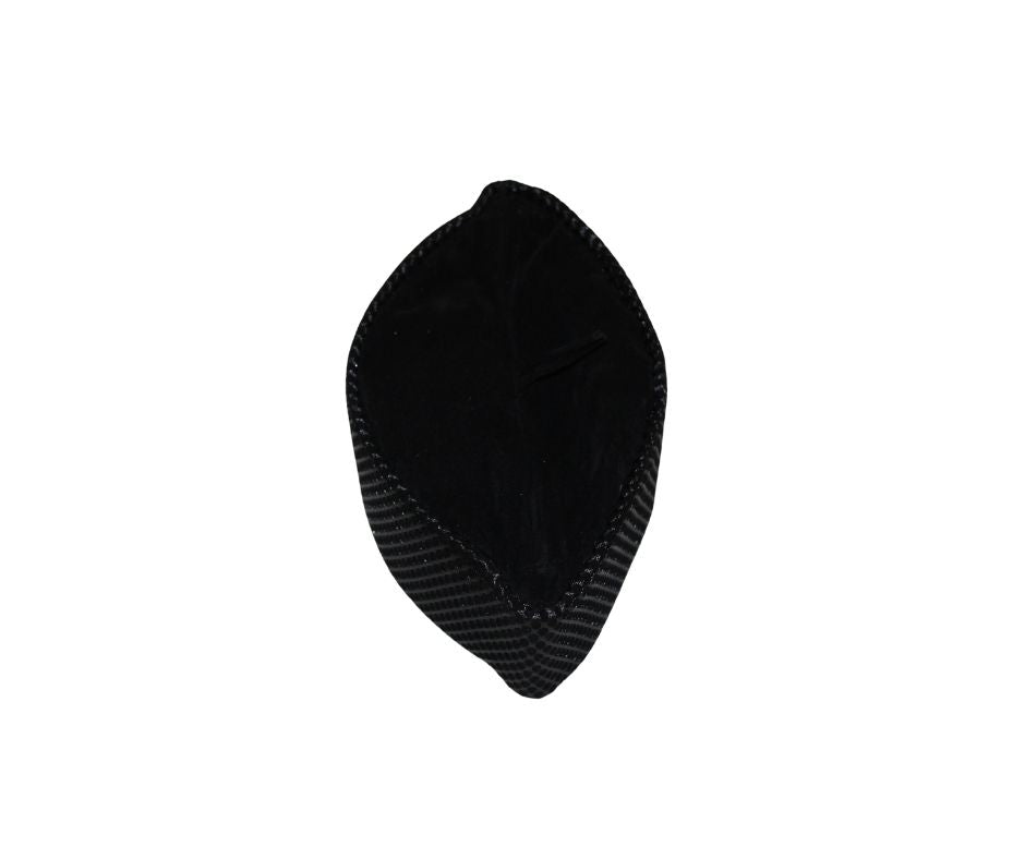 Kufi Hat featuring a black velvet base with a silver metallic crisscross weave pattern and a traditional flat-top crown.