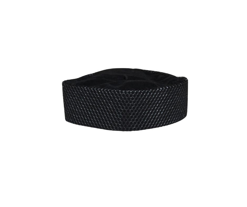 Kufi Hat featuring a black velvet base with a silver metallic crisscross weave pattern and a traditional flat-top crown.