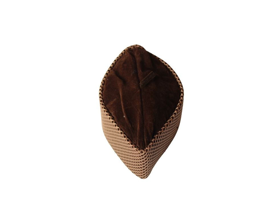 Kufi Hat featuring a deep brown velvet interior and a tan micro-dot crisscross grid pattern across the exterior.