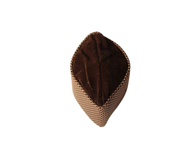 Kufi Hat featuring a deep brown velvet interior and a tan micro-dot crisscross grid pattern across the exterior.