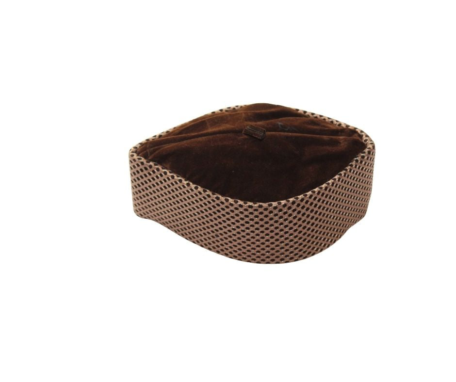 Kufi Hat featuring a deep brown velvet interior and a tan micro-dot crisscross grid pattern across the exterior.