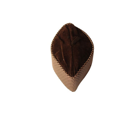 Kufi Hat featuring a deep brown velvet interior and a tan micro-dot crisscross grid pattern across the exterior.