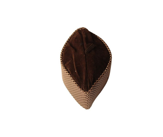 Kufi Hat featuring a deep brown velvet interior and a tan micro-dot crisscross grid pattern across the exterior.
