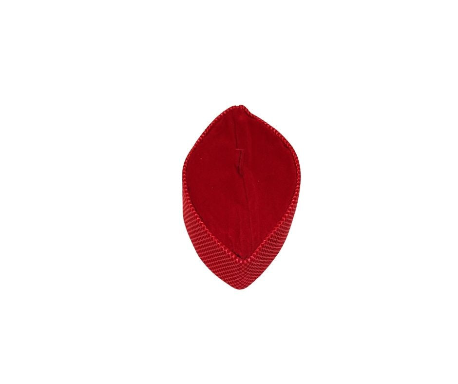 Kufi Hat featuring a rich red velvet interior and a coordinating crimson red crisscross grid pattern across the structured exterior.