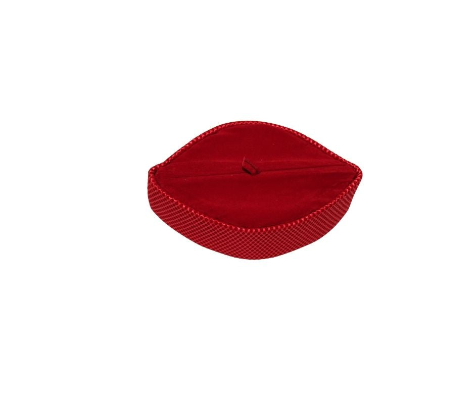 Kufi Hat featuring a rich red velvet interior and a coordinating crimson red crisscross grid pattern across the structured exterior.
