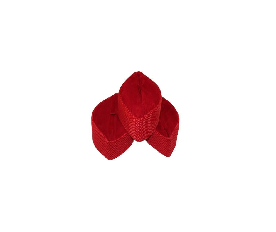 Kufi Hat featuring a rich red velvet interior and a coordinating crimson red crisscross grid pattern across the structured exterior.