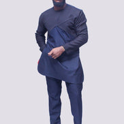 African Men's Suit featuring a longline dark tunic with a criss-cross textured black net fabric paneled across the upper chest and sleeves, paired with tailored coordinating trousers