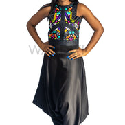 Ankara Top featuring a sleeveless, high-neck crop silhouette with a vibrant purple, yellow, and turquoise geometric neon pattern enclosed within bold black structural borders