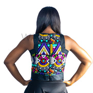 Ankara Top featuring a sleeveless, high-neck crop silhouette with a vibrant purple, yellow, and turquoise geometric neon pattern enclosed within bold black structural borders