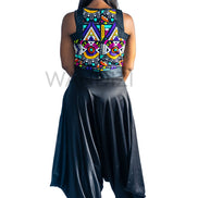 Ankara Top featuring a sleeveless, high-neck crop silhouette with a vibrant purple, yellow, and turquoise geometric neon pattern enclosed within bold black structural borders