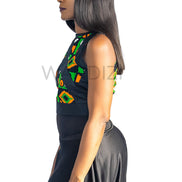 Ankara Top featuring a sleeveless, high-neck crop silhouette with a vibrant green, orange, and yellow geometric print paneled with broad black structural borders