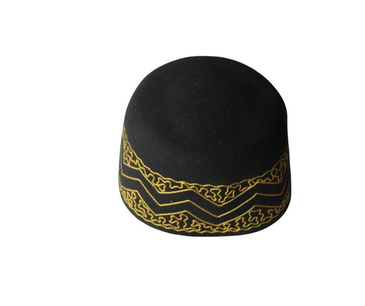 Awo Cap featuring a black velvet body with a wide marigold-yellow embroidered decorative band around the base