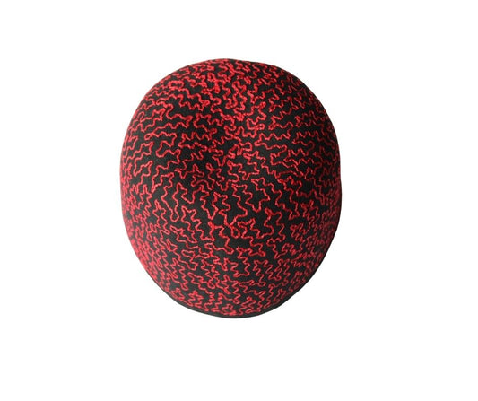 Awo Cap featuring a black velvet body with a dense, interconnected maze-like crimson red embroidery pattern