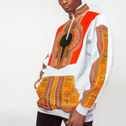 Dashiki Bomber Jacket featuring a light grey body with a striking orange, yellow, and green traditional African print on the high collar, chest panel, front pouch pocket, and sleeve borders