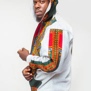 Dashiki Hoodie Jacket featuring a light grey body with a vibrant red, yellow, and green traditional African print on the hood, front zip panel, and outer sleeves
