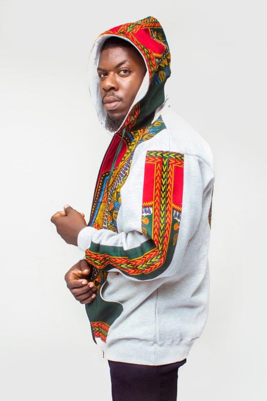 Dashiki Hoodie Jacket featuring a light grey body with a vibrant red, yellow, and green traditional African print on the hood, front zip panel, and outer sleeves