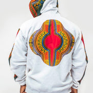 Dashiki Hoodie Jacket featuring a light grey body with a vibrant red, yellow, and green traditional African print on the hood, front zip panel, and outer sleeves