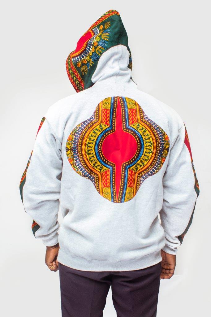 Dashiki Hoodie Jacket featuring a light grey body with a vibrant red, yellow, and green traditional African print on the hood, front zip panel, and outer sleeves