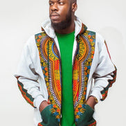 Dashiki Hoodie Jacket featuring a light grey body with a vibrant red, yellow, and green traditional African print on the hood, front zip panel, and outer sleeves
