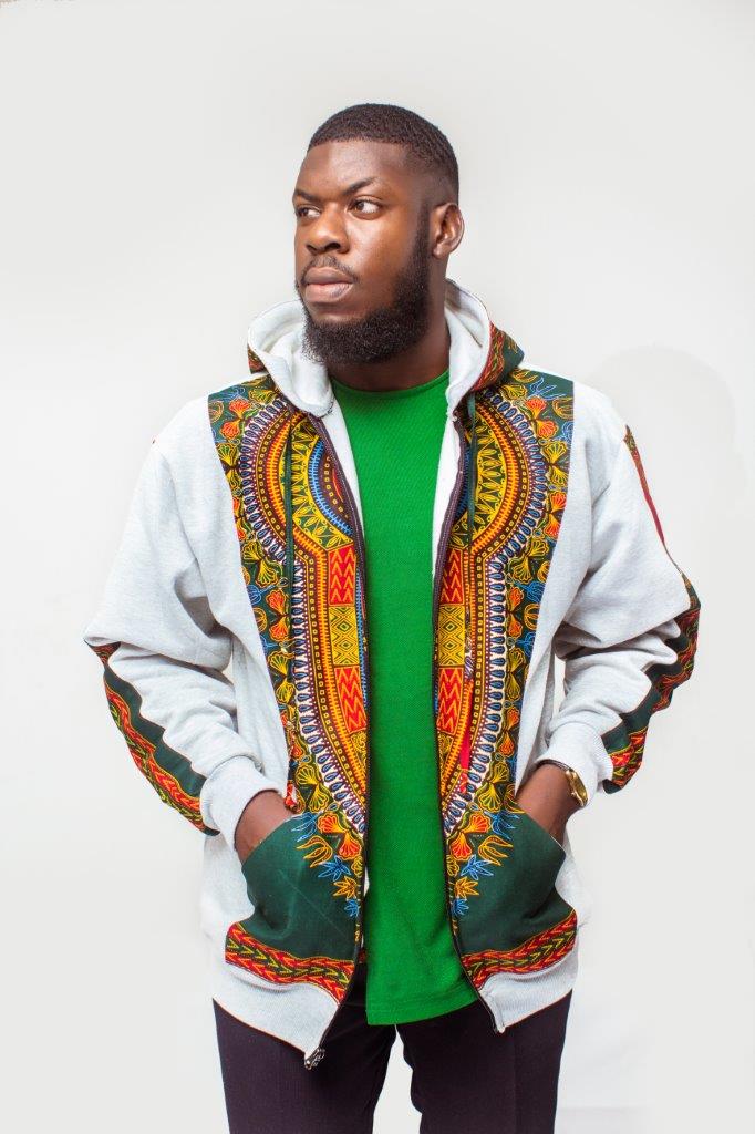 Dashiki Hoodie Jacket featuring a light grey body with a vibrant red, yellow, and green traditional African print on the hood, front zip panel, and outer sleeves