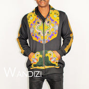 Dashiki Hoodie Jacket featuring a black body with a vibrant yellow, purple, and green traditional ornate pattern on the front bodice, kangaroo pocket, and outer sleeve lines