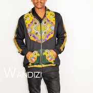 Dashiki Hoodie Jacket featuring a black body with a vibrant yellow, purple, and green traditional ornate pattern on the front bodice, kangaroo pocket, and outer sleeve lines