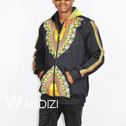 Dashiki Hoodie Jacket featuring a black body with a vibrant yellow, red, and green traditional African print on the chest border, front pockets, and outer sleeve panels