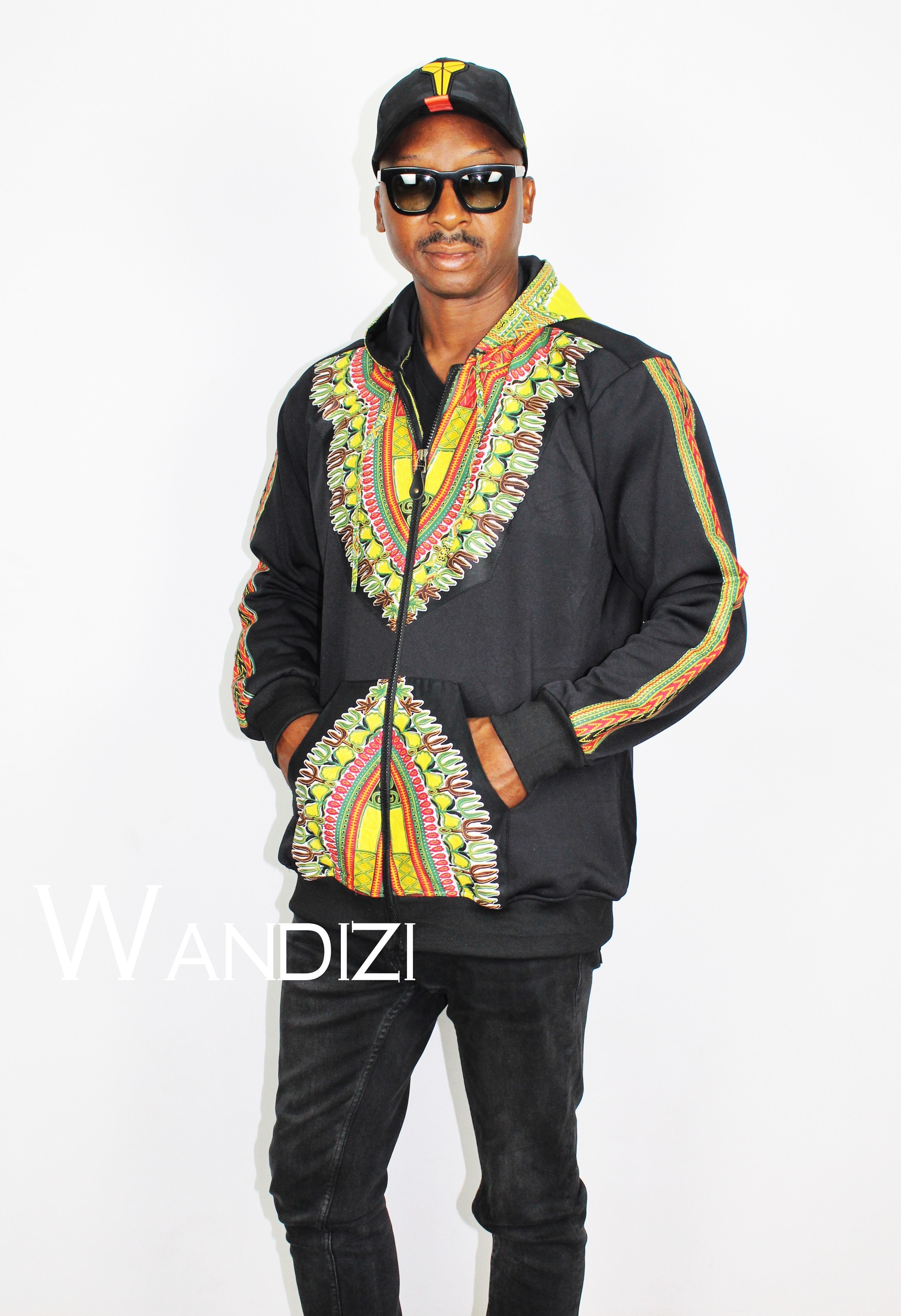 Dashiki Hoodie Jacket featuring a black body with a vibrant yellow, red, and green traditional African print on the chest border, front pockets, and outer sleeve panels