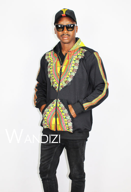 Dashiki Hoodie Jacket featuring a black body with a vibrant yellow, red, and green traditional African print on the chest border, front pockets, and outer sleeve panels