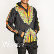 Dashiki Hoodie Jacket featuring a black body with a vibrant yellow, red, and green traditional African print on the chest border, front pockets, and outer sleeve panels