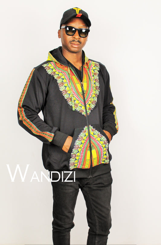 Dashiki Hoodie Jacket featuring a black body with a vibrant yellow, red, and green traditional African print on the chest border, front pockets, and outer sleeve panels