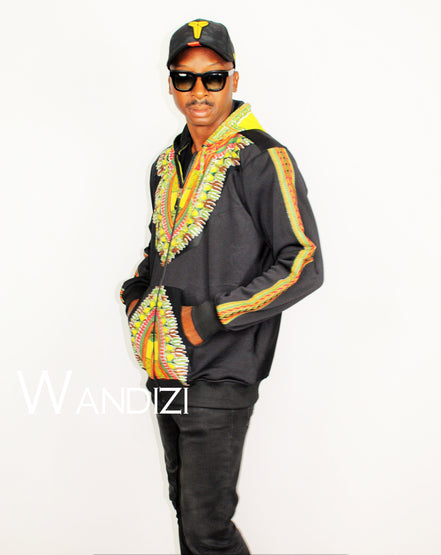 Dashiki Hoodie Jacket featuring a black body with a vibrant yellow, red, and green traditional African print on the chest border, front pockets, and outer sleeve panels