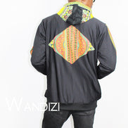 Dashiki Hoodie Jacket featuring a black body with a vibrant yellow, red, and green traditional African print on the chest border, front pockets, and outer sleeve panels