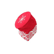 Fila Cap featuring a rich red velvet crown with a central starburst embroidery and a geometric lattice pattern around the base.